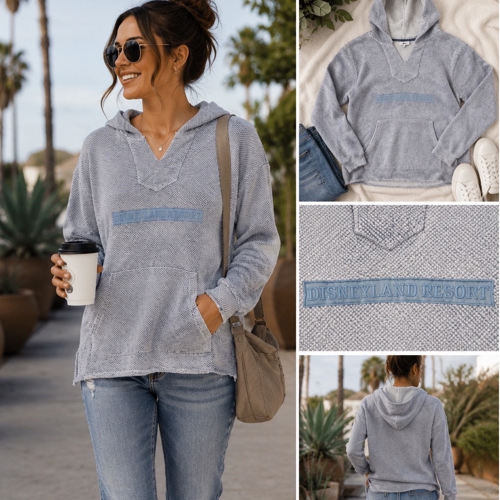 Disney Parks Disneyland Resort Blue Textured Knit V-Neck Pullover Hoodie Large